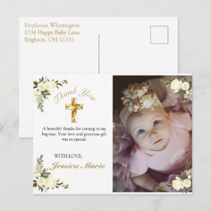 Carte Postale Jolie Croix d'or florale Baptême Merci photo