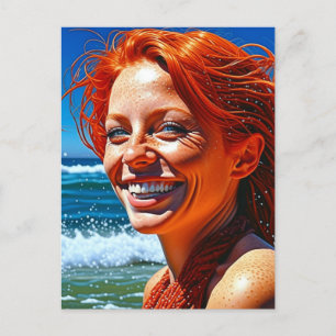 Carte Postale Jolie Dame rouge Haired à Beach ai art