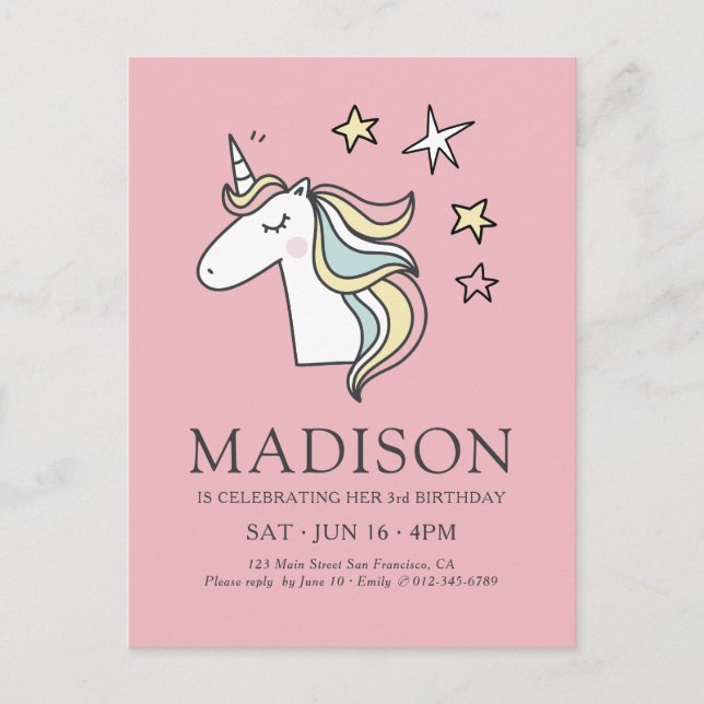 Carte Postale Jolie Doodle Unicorn et étoiles Anniversaire (Devant)