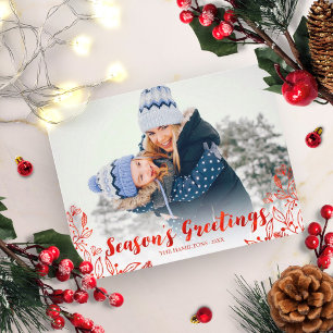 Carte Postale Jolie écriture rouge photo feuillage d'hiver Noël