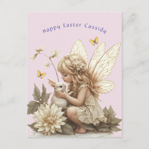 Carte Postale Jolie Fée Blonde Lapin de Pâques Papillons