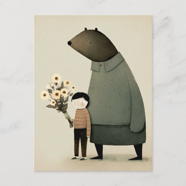Carte Postale Jolie fée de dessin animé ours et garçon. Fleur d' (Devant)