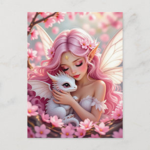 Carte Postale Jolie fée elfe rose et dragon 