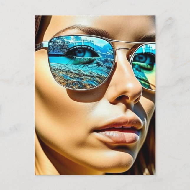 Carte Postale Jolie femme avec reflet de lunettes de soleil de p (Devant)
