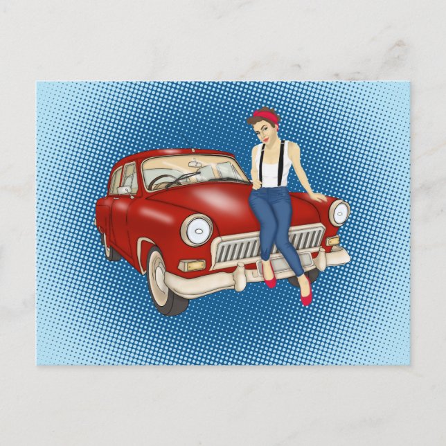 Carte Postale Jolie femme et voiture rouge (Devant)