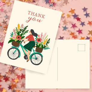 Carte Postale Jolie Fille à Bicyclette avec des Fleurs MERCI