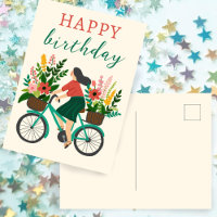 Jolie Fille à Vélo avec Fleurs Joyeux Anniversaire