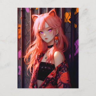 Carte Postale Jolie fille anime chat