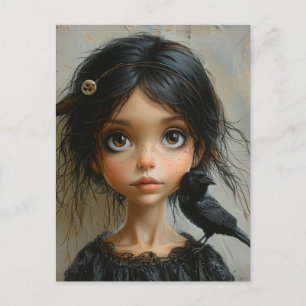 Carte Postale Jolie Fille avec un Oiseau Noir