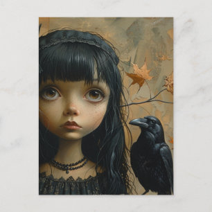 Carte Postale Jolie Fille avec un Oiseau Noir