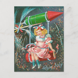 Carte Postale Jolie Fille Balançoire Bouteille Fusée Pétard