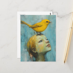 Carte Postale Jolie fille blonde avec un grand oiseau jaune sur 