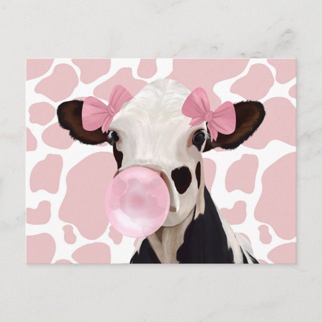 Carte Postale Jolie fille Bubblegum rose soufflant vache (Devant)