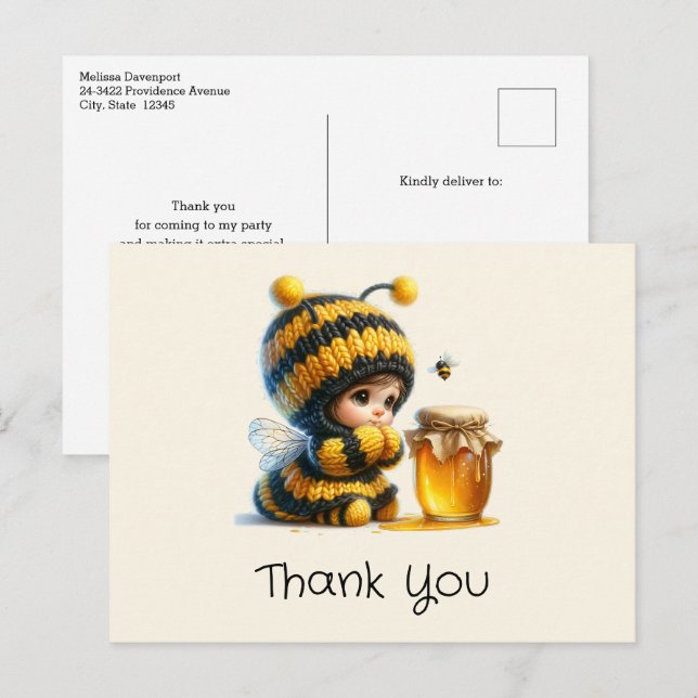 Carte Postale Jolie Fille en Costume d'Abeille avec Merci de Mie (Devant / Derrière)