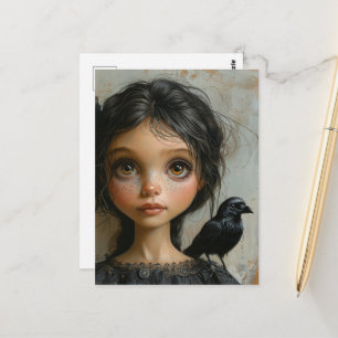 Carte Postale Jolie fille gothique avec un oiseau noir sur l'épa