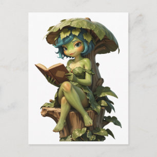 Carte Postale Jolie Fille Grenouille Lisant un Livre Sous une Fe