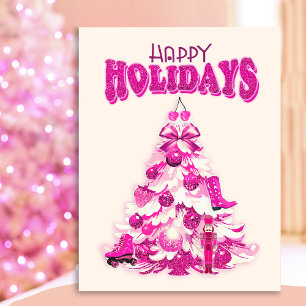 Carte Postale Jolie Fille Rose Arbre de Noël Joyeux Vacances