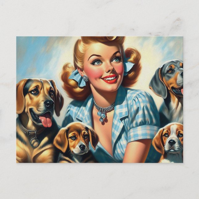 Carte Postale Jolie fille vintage avec chiots (Devant)