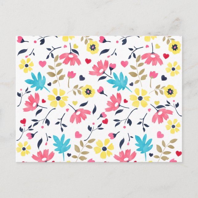 Carte Postale Jolie fleurs romantiques coeurs aquarelle peinture (Devant)