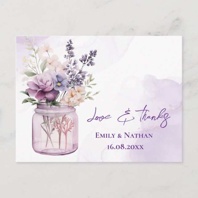 Carte Postale Jolie Fleurs violettes Mason Jar Merci Mariage (Devant)