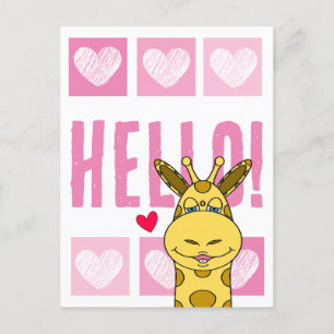 Carte Postale Jolie Giraffe Souriante Avec Coeurs Rose Bonjour