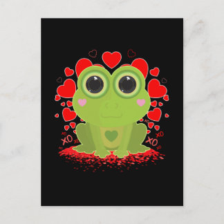 Carte Postale Jolie grenouille Kawaii avec des cœurs sur fond no