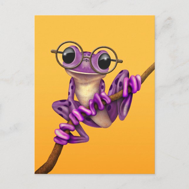 Carte Postale Jolie grenouille violette avec des lunettes sur un (Devant)