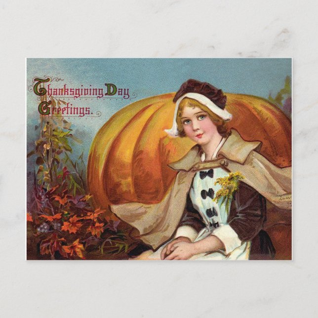 Carte Postale Jolie jeune femme avec un grand merci citrouille (Devant)