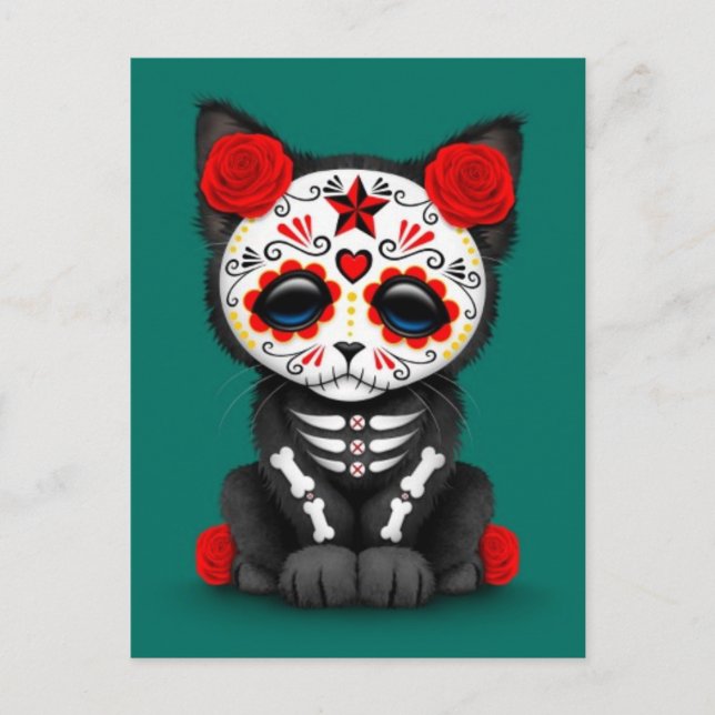 Carte Postale Jolie Journée Rouge du chat Kitten Mort, bleu turq (Devant)