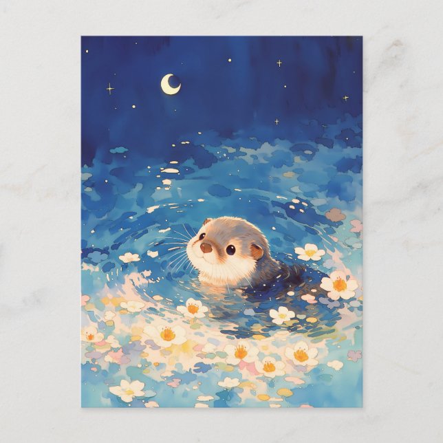 Carte Postale Jolie loutre nageant sous le croissant de lune (Devant)