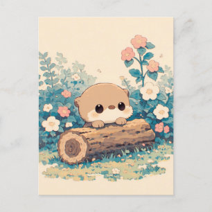 Carte Postale Jolie loutre regardant par-dessus une bûche dans u