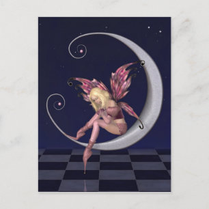 Carte Postale Jolie lune rose fée dans la nuit étoilée