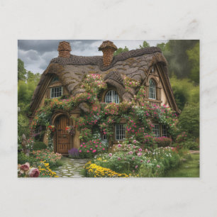 Carte Postale Jolie maison en chaume avec plantes et fleurs