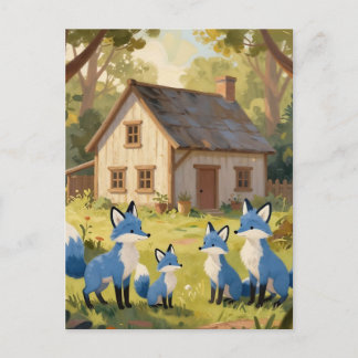 Carte Postale Jolie maisonnette de famille de renard bleu