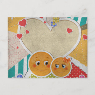 Carte Postale Jolie mignonne sourires en amour coeurs arc fleurs