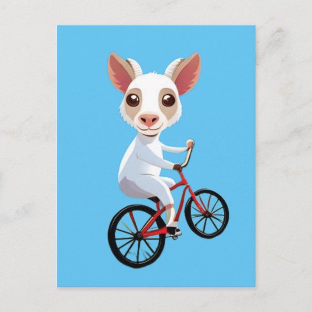 Carte Postale Jolie petite chèvre blanche sur une bicyclette (Devant)