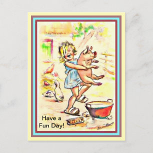 Carte Postale Jolie Petite Fille et Son Cochon - Amusant à Laver