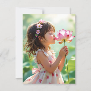 Carte Postale Jolie petite fille qui sent une rose rose rose