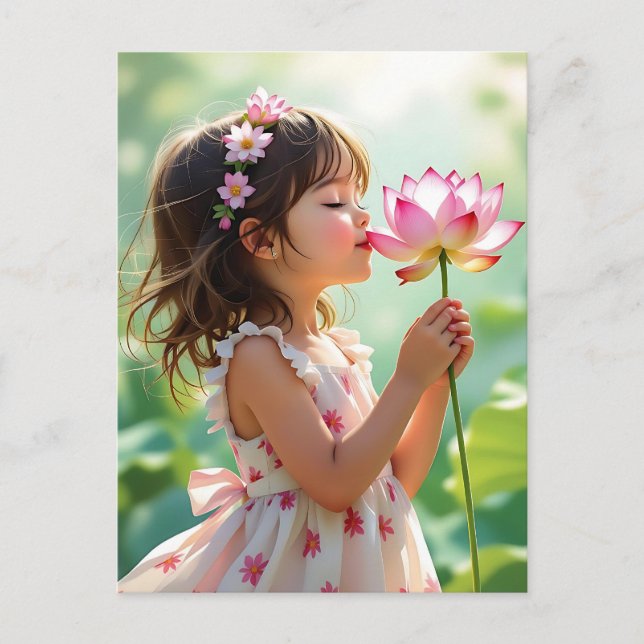 Carte Postale Jolie petite fille qui sent une rose rose rose (Devant)
