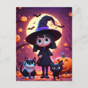 Carte Postale Jolie petite sorcière avec chats et citrouilles, c
