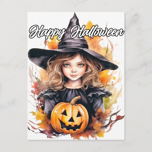 Carte Postale Jolie Petite Sorcière | Bonne Halloween (Devant)