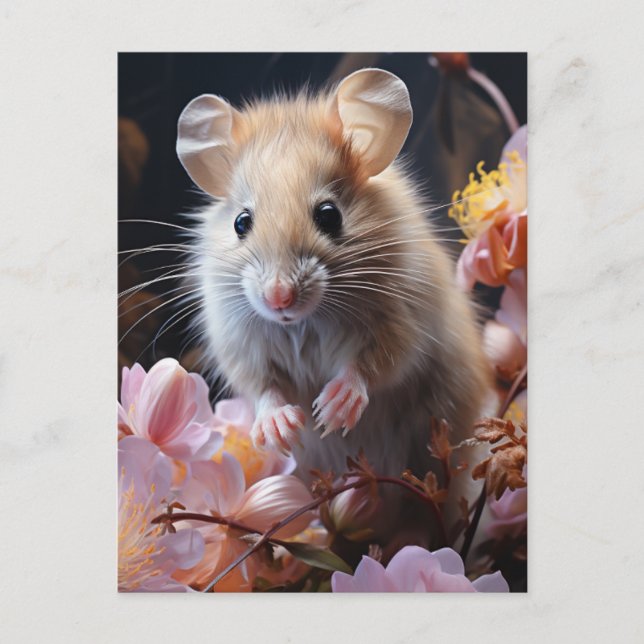 Carte Postale Jolie petite souris brune dans les fleurs roses (Devant)