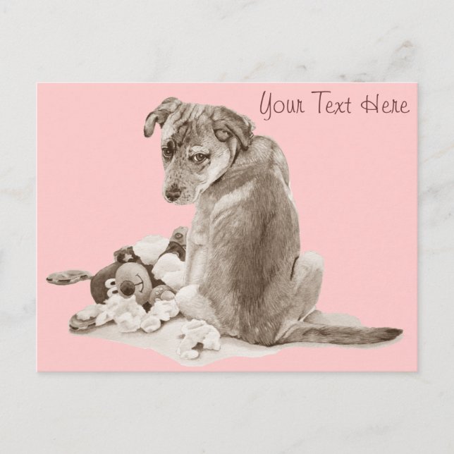 Carte Postale Jolie race mixte chiot avec chien en peluche (Devant)