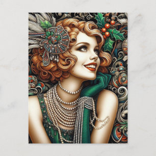 Carte Postale Jolie robe de Noël Femme verte