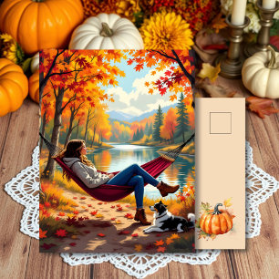 Carte Postale Jolie scène d'automne avec femme et chien