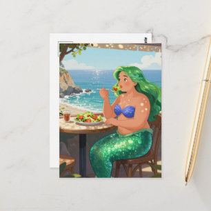 Carte Postale Jolie sirène au café mangeant une salade Fantaisie