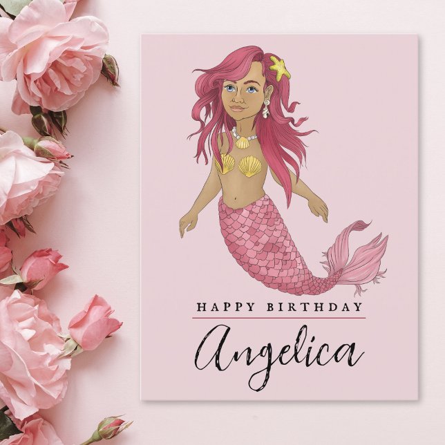 Carte Postale Jolie Sirène Rose Joyeux Anniversaire Nom personna (Créateur téléchargé)