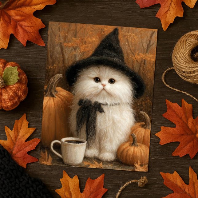 Carte Postale Jolie sorcière blanche Halloween avec café Coffee  (Créateur téléchargé)