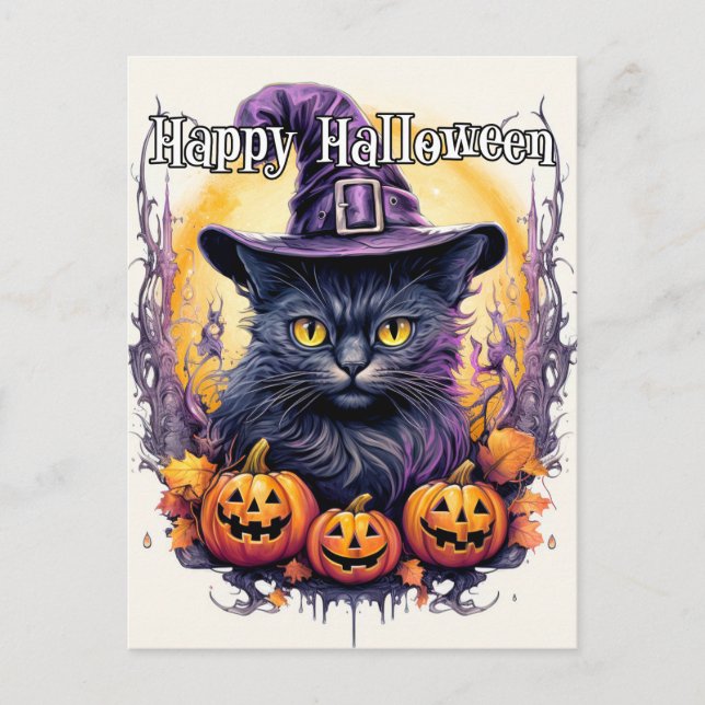 Carte Postale Jolie Sorcière de chat Little Kitty | Halloween (Devant)