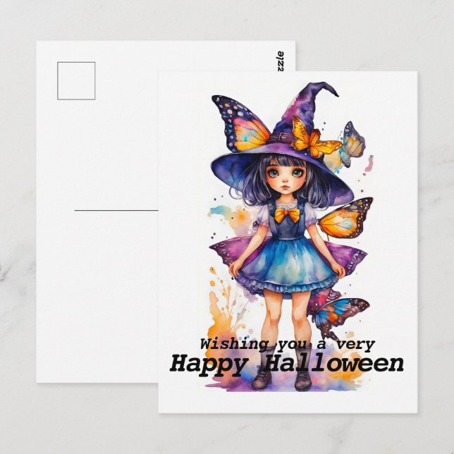 Carte Postale Jolie sorcière d'Halloween et papillons (Devant / Derrière)